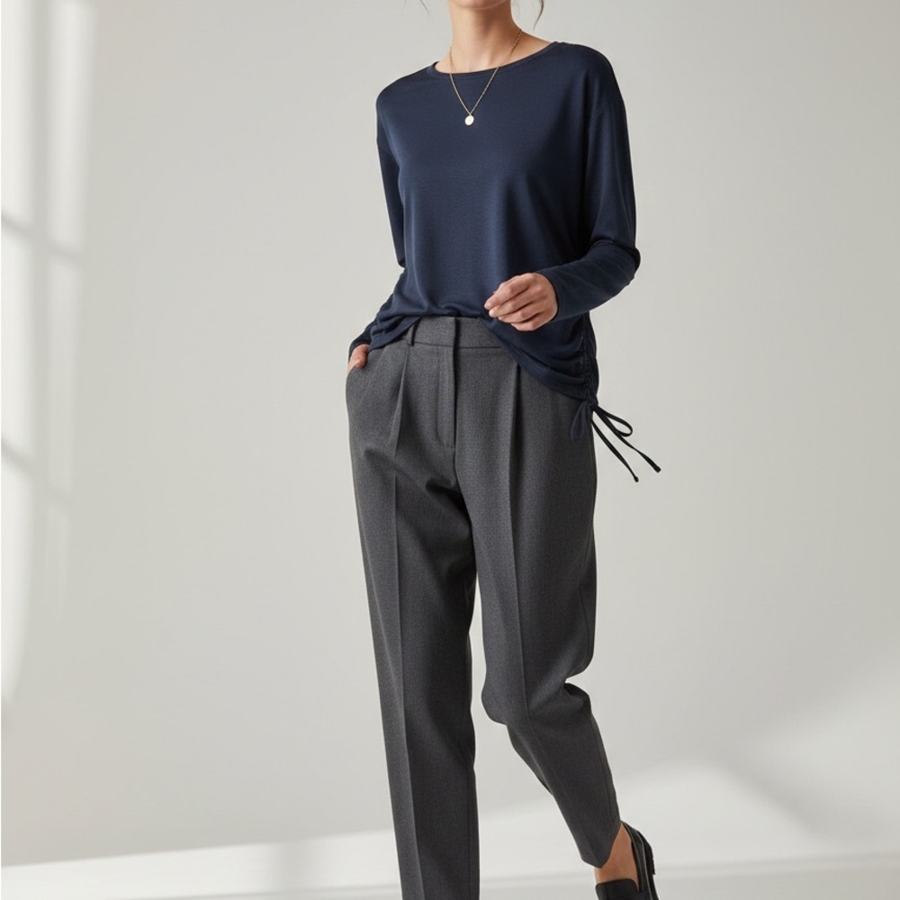 COMO VINTAGE Navy Blue Side Cinch Ruched Long Sleeve Top Medium - Picture 7 of 7